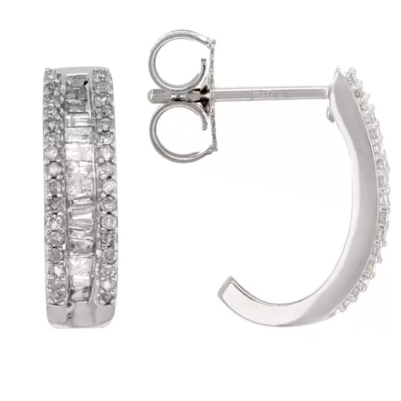 New Diamond 10k White Solid Gold J-Hoop Earrings 0.50ctw...